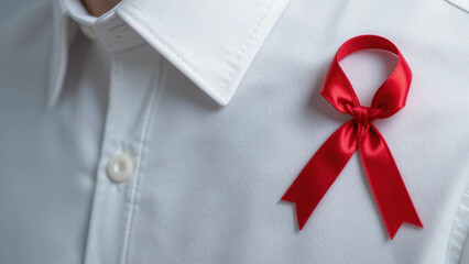 Close-up of a red awareness ribbon, likely signifying support for a cause, fastened to the collar of a crisp white button-down shirt.