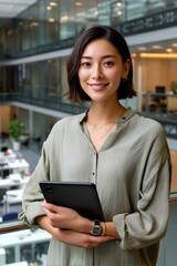 Fototapeta premium Confident young Asian businesswoman with short hair wearing formal olive blouse stands in a modern office holding a tablet for work tasks.