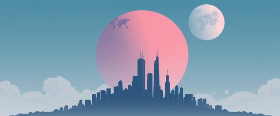 Minimalistische Skyline mit zwei Planeten und weichem Farbverlauf in Rosa und Blau, idealer Hintergrund mit viel Textfreiraum.