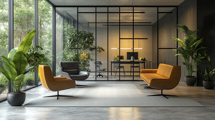 Stylish office lounge with leather armchairs and glass walls, featuring greenery and modern