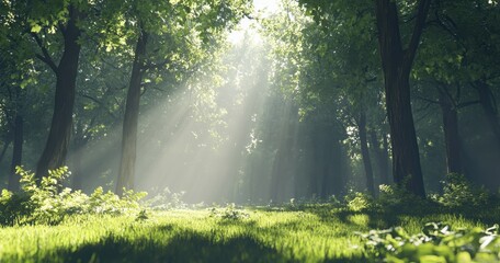 Obraz premium Sunbeams piercing a lush forest