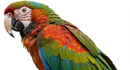 Obraz premium A colorful macaw parrot with vibrant feathers isolated against a white background in a close up view