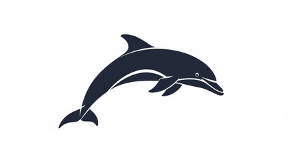 Fototapeta premium A stylized dark blue dolphin leaping upwards on a white background with a sleek and simple design style