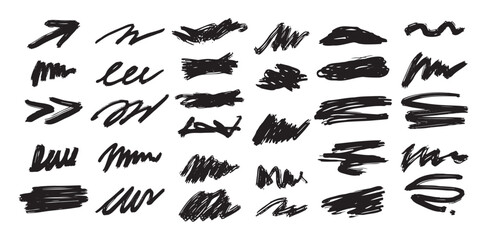 Black abstract brushstrokes, lines, squiggles and swirls set. Vector hand drawn illustration for decorations and various designs.