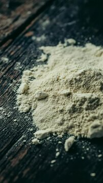 Teff flour pile with pieces on dark old wood surface, gluten free ingredient for baking and cooking, close-up view