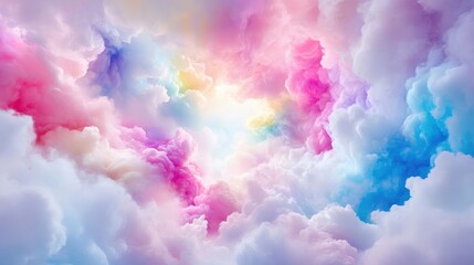 Fototapeta premium A vibrant, dreamlike sky filled with swirling, pastel-colored clouds. A radiant light source is visible within the clouds