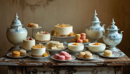 Elegant dessert assortment featuring cakes, puddings, macarons and patterned porcelain atop a