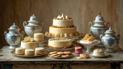 Elegant dessert display featuring tiered cakes, macarons, and ornate porcelain dishes in a soft,
