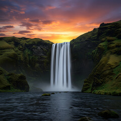 Fototapeta premium A scenic view of skogafoss waterfall in iceland at sunset with colorful sky and lush green hills