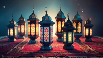 Fototapeta premium Elegant arrangement of intricately patterned lanterns on a rich, decorative red carpet, creating a