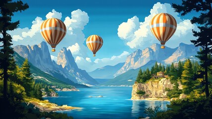 Fototapeta premium Air BalloonsNature Illustration Watercolour Drawing