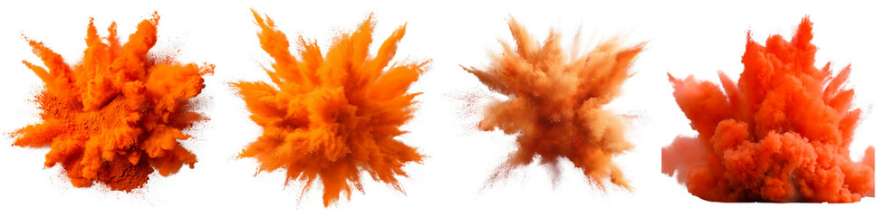 Colorful bursts of orange powder create dynamic explosions, displaying vivid and energetic movements in an isolated background setting