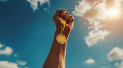 Champion's fist, gold medal, sky, victory, sun
