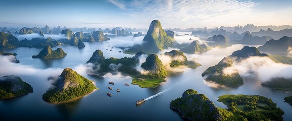 Breathtaking aerial view of misty limestone karst mountains, boats on calm waters