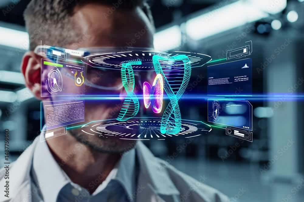 Poster a scientist is shown in close proximity, surrounded by futuristic graphics that enable them to scan 