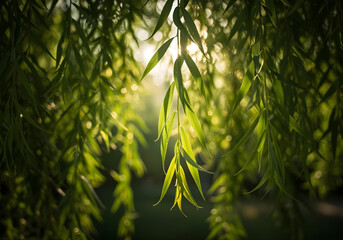serene backlit willow foliage with sunlight rays shining through delicate hanging branches in spring
