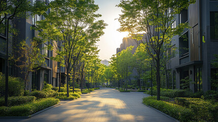Obraz premium serene urban landscape featuring tree lined walkways bathed warm sunlight, creating peaceful