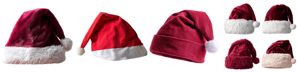 Collection of various red Christmas hats displayed against a plain background, illustrating fun and festive options for holiday celebrations and winter activities