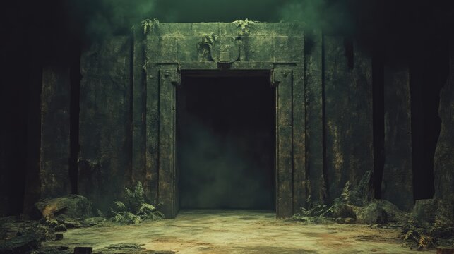Ancient, weathered stone doorway in a dark, overgrown crypt