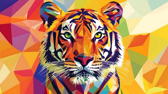 Vivid tiger portrait rendered in geometric, colorful polygons