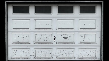 Weathered white sectional garage door with small windows