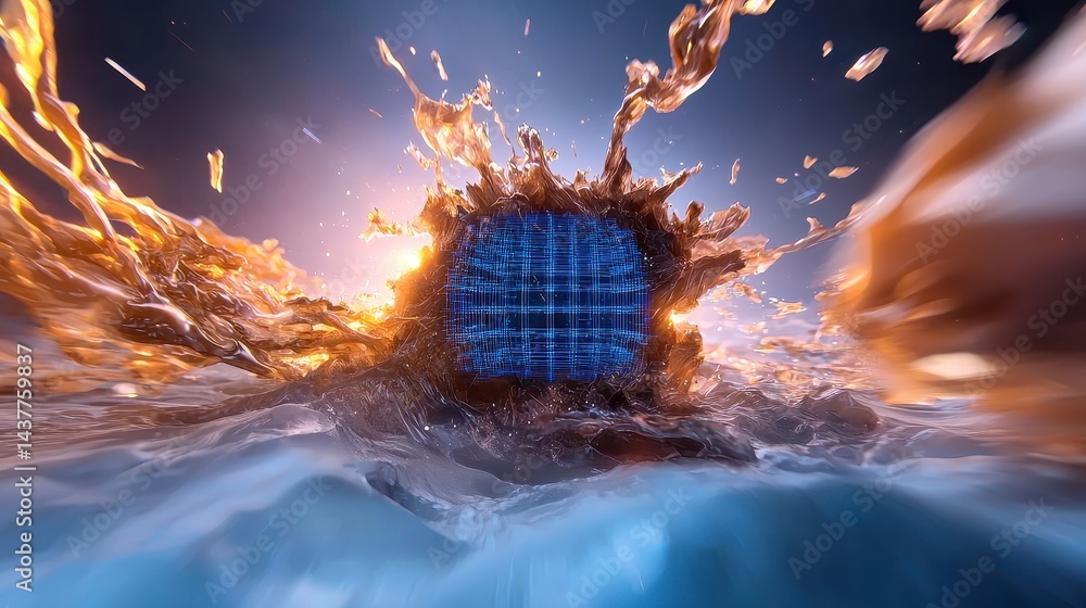 Aufkleber abstract digital cube submerged in dynamic swirling golden liquid creating a vibrant futuristic and 