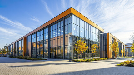 Obraz premium Modern commercial buildings with transparent facades and vibrant colors create striking view