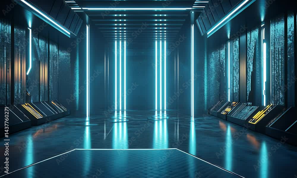 Aufkleber a futuristic virtual studio set with led lights, featuring an empty stage for product display and a 