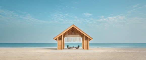 Wooden beach pavilion on sandy shore, ocean in background, blue sky, peaceful, relaxation
