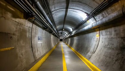 Long concrete tunnel with yellow guide lines leading into darkness and piping along the ceiling.
