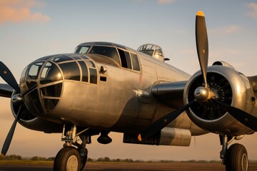 Close-up of B-25 cockpit and nose glass under golden evening light. AI-generated