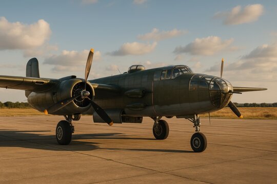 B-25 bomber parked on old airfield under golden afternoon light. AI-generated