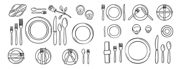 Table settings serving with plate, forks, spoons, knife. Table etiquette. doodle hand drawn icon set. Outline drawing line clipart symbol collection