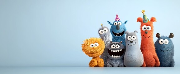 Group of colorful, fuzzy monsters wearing party hats smiling. Blue background