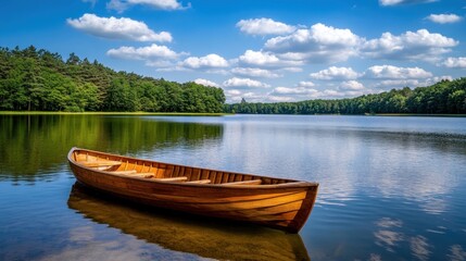 Obraz premium Wooden boat on tranquil lake, forest backdrop