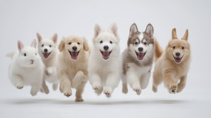 Happy pets running studio white background