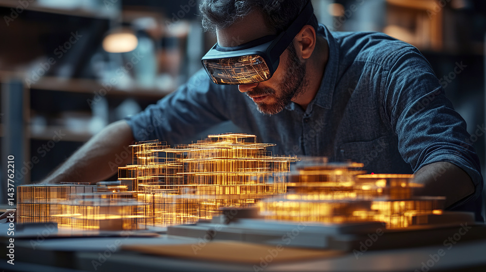 Poster Virtual reality architecture model glowing with intricate designs and focused architect