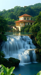 Cascading waterfall flowing near a tan building with a red roof amid lush green trees and foliage