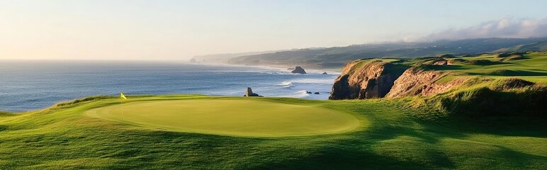 Scenic seaside golf course with lush green fairways, cliffs, and ocean views, a perfect day to tee off.