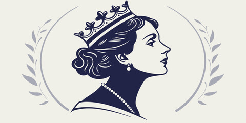 Elegant Queen Profile Vector Silhouette with Crown and Laurel Wreath, Royal Female Portrait Design