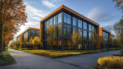 Modern business park with glass buildings surrounded by autumn trees and pathways