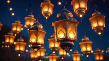 A multitude of ornately designed, glowing lanterns illuminate the dark blue sky with their warm
