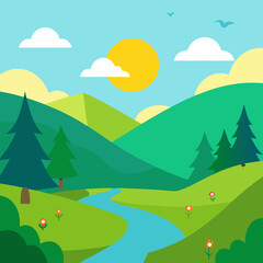 Beautiful nature scene in afternoon flat illustration landscape design background