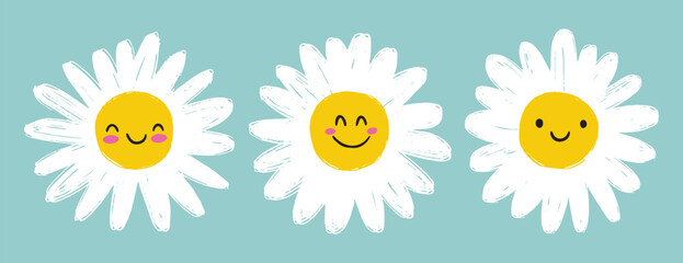 daisy flower or chamomile on blue background vector illustration. Cute cartoon character smiling flower.
