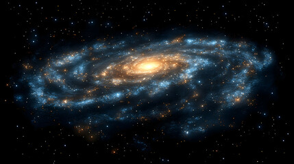 Fototapeta premium Swirling galaxy with blue bands and golden core illuminates with distant stars in a night sky