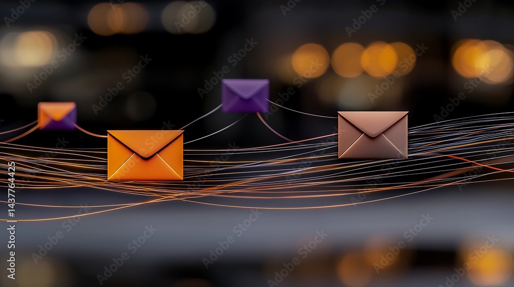 Poster email connection network. blurred background with email icons connected by lines