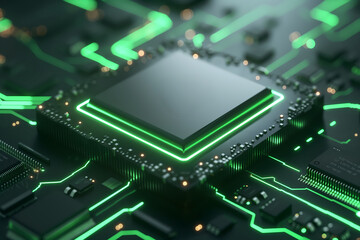 Fototapeta premium Neon-lit Close-up of a Modern CPU Microchip on a Circuit Board 