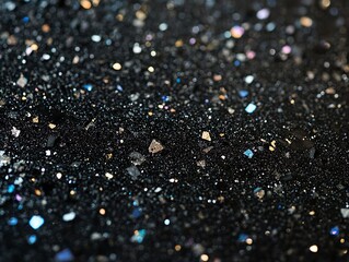 Abstract dark background texture featuring scattered, out-of-focus iridescent glitter particles resembling stars or bokeh lights. 