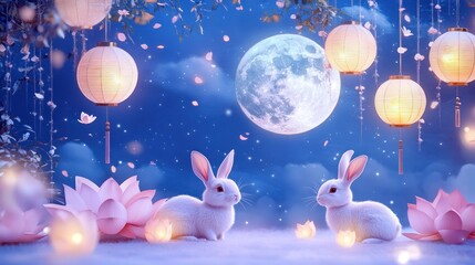 Lunar Rabbits, Pink Lanterns, Mid-Autumn