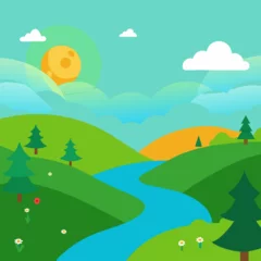 Fototapete Beautiful nature scene in afternoon flat illustration landscape design background © MstTania